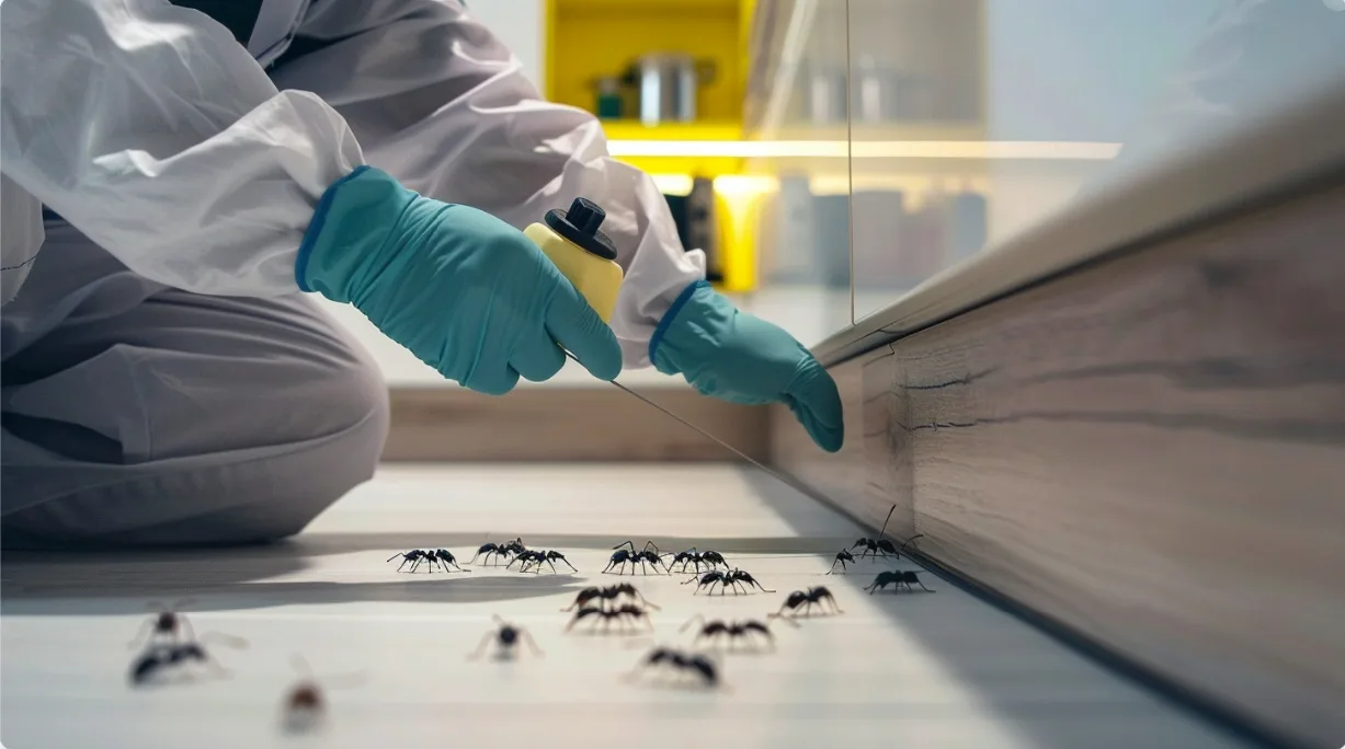 close view of ants trailing along a surface during an ant control treatment