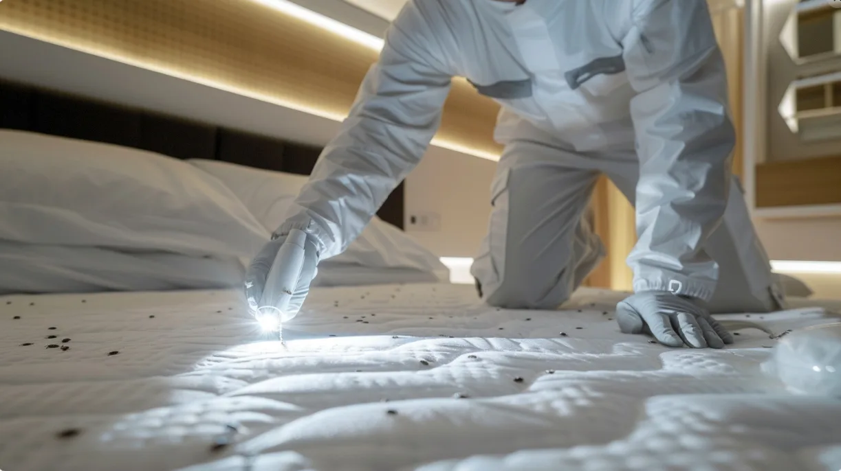 a technician inspecting a mattress seam during a bed bug treatment