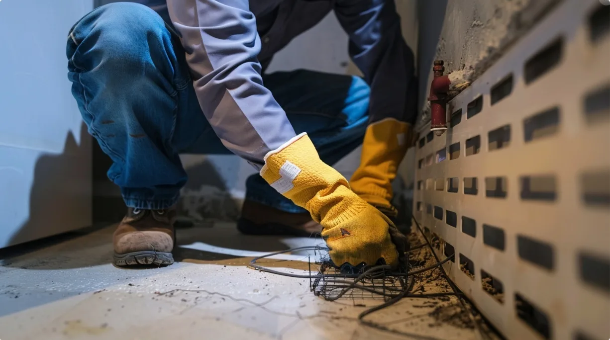 a technician sealing a rodent entry point along a building exterior