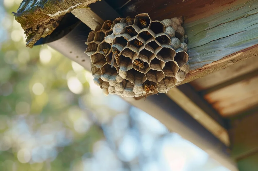 a paper wasp nest built under the eaves of a house