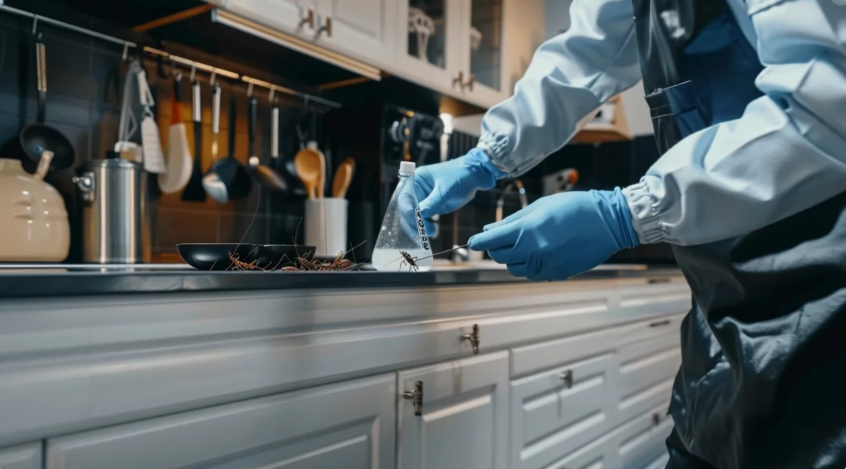a technician treating cracks and crevices under a kitchen cabinet for cockroaches