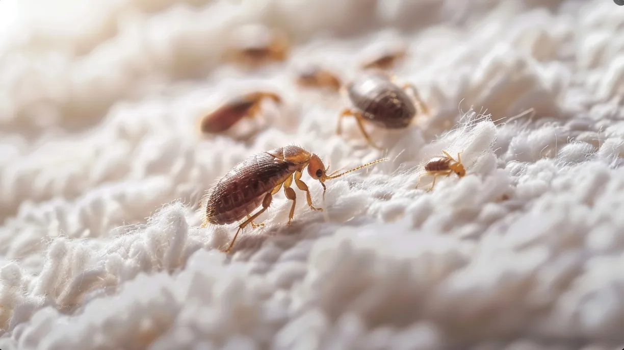 close view of fleas in carpet fibres during a flea control treatment