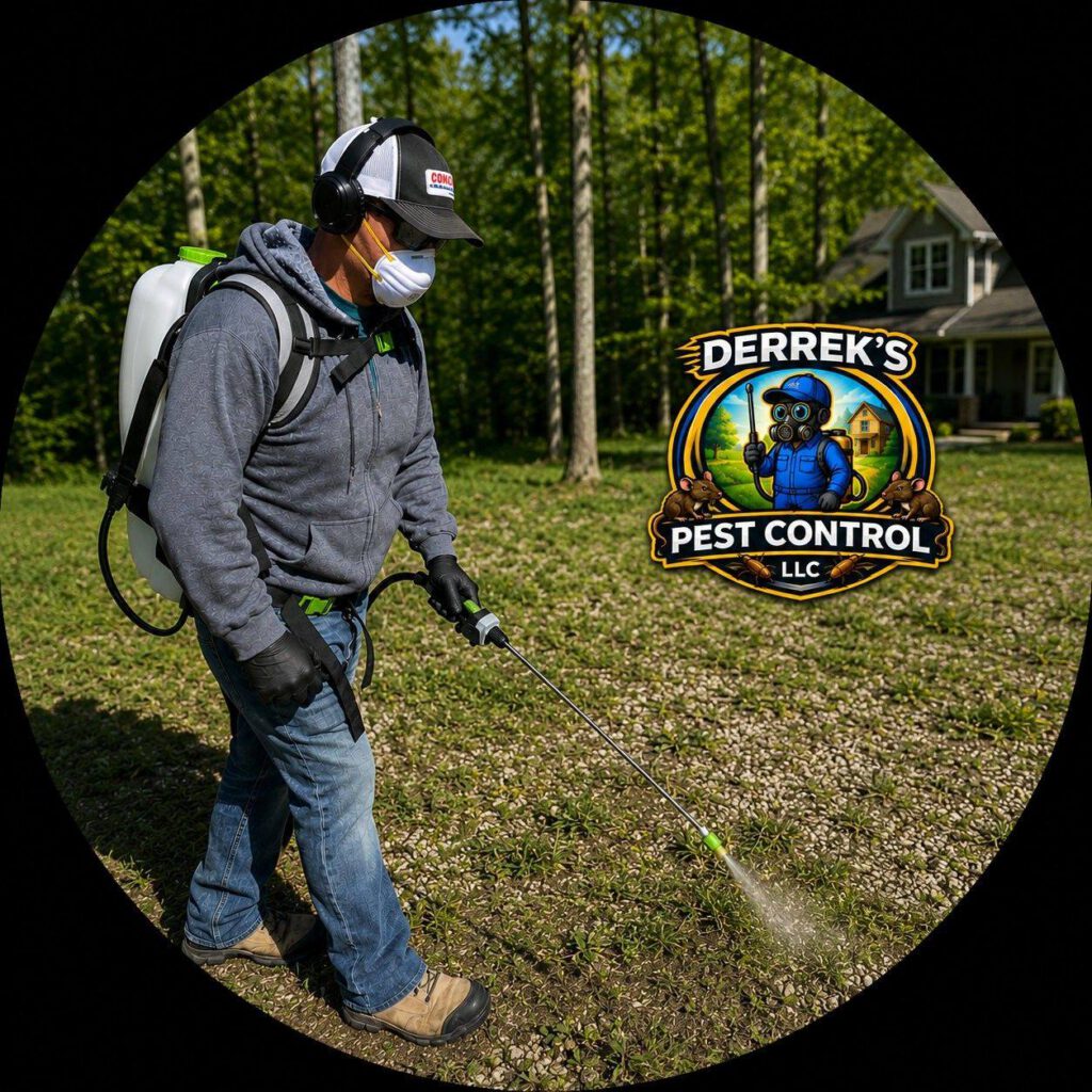 derrek pendergraff applying preventative pest deterring spray in yard of indiana home