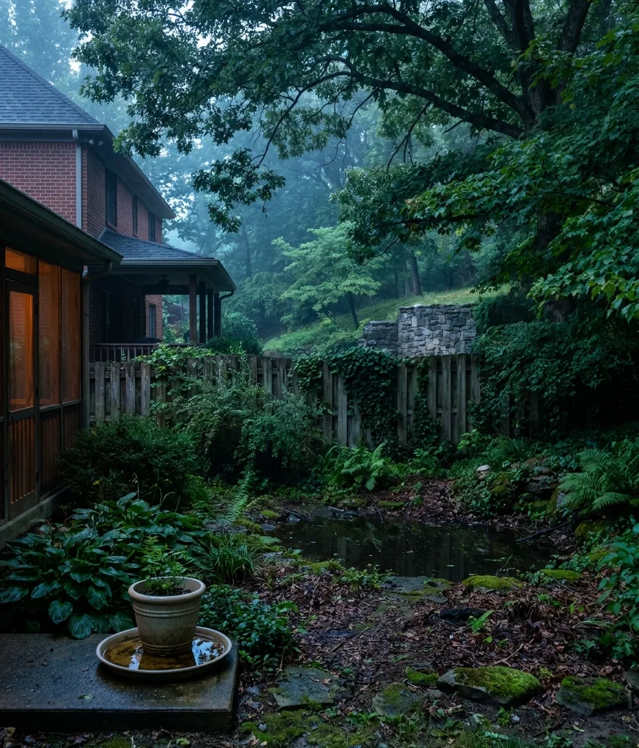 a shaded damp back yard corner at dusk with standing water where mosquitoes breed