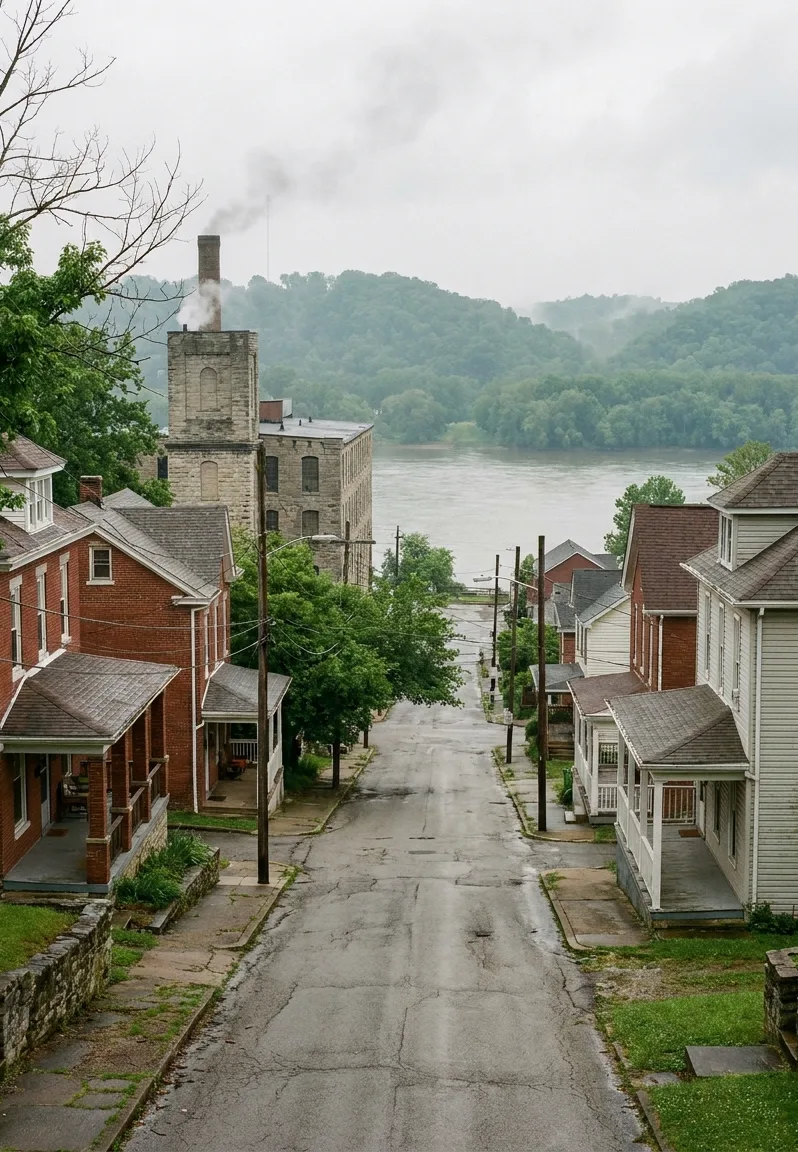 a steep street of nineteenth-century brick houses dropping toward the Ohio River in Cannelton, Indiana
