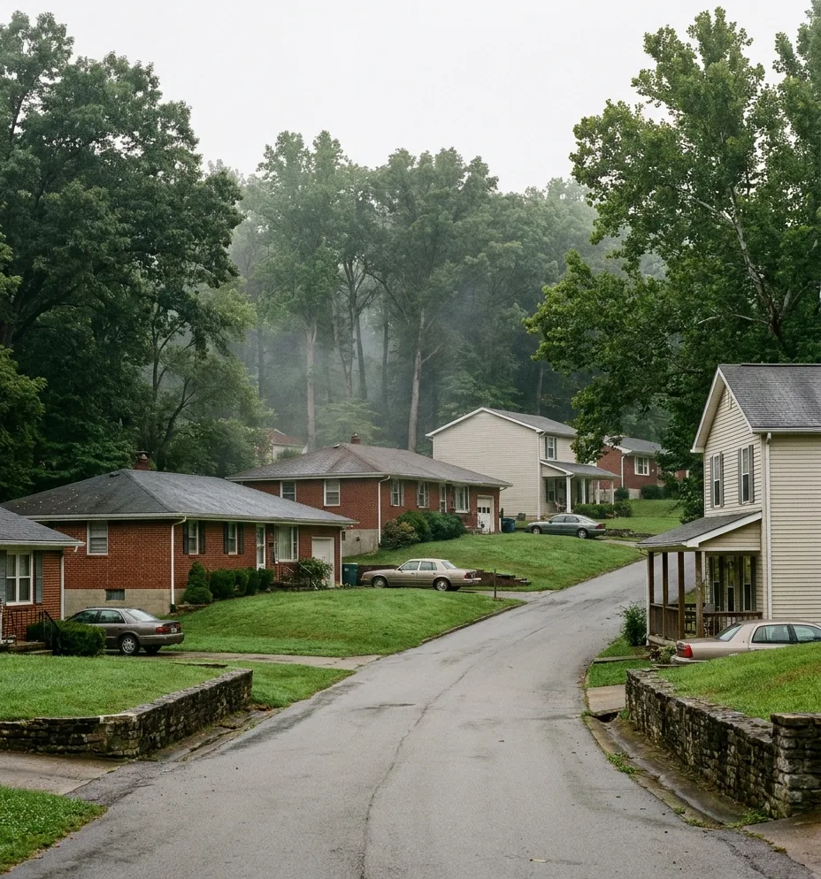 a quiet ridge-top street of brick ranch homes backing onto hardwood forest in Charlestown, Indiana