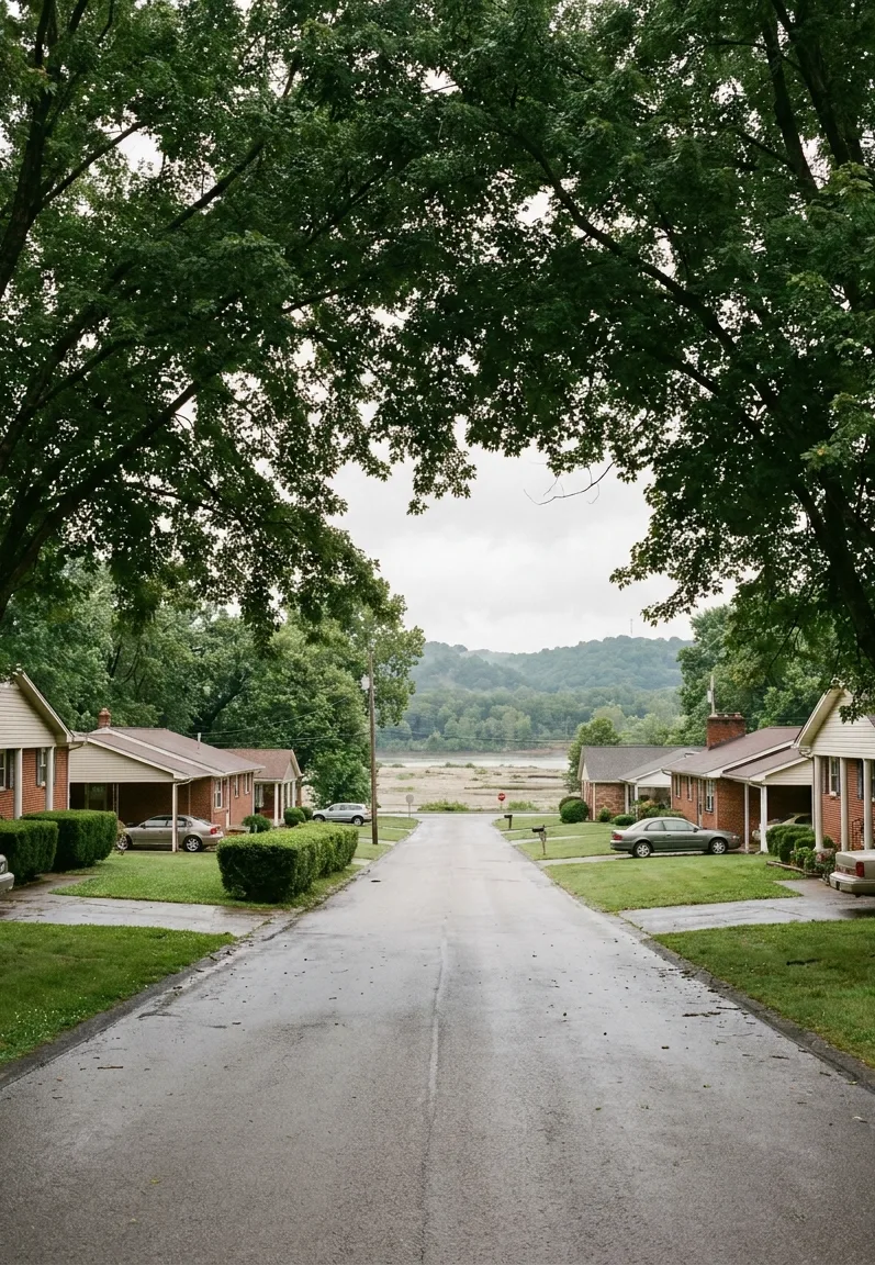 a suburban street of brick ranch houses under mature maples in Clarksville, Indiana