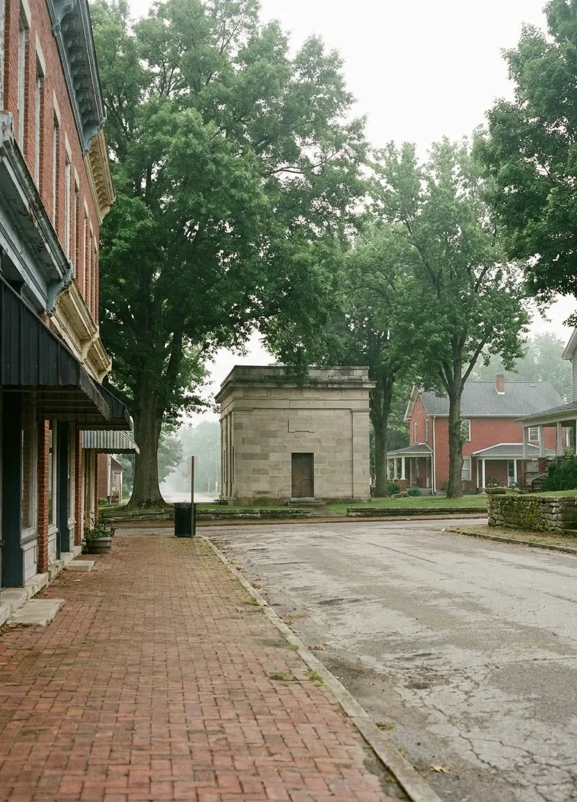 the limestone former statehouse and brick storefronts on the historic square in Corydon, Indiana