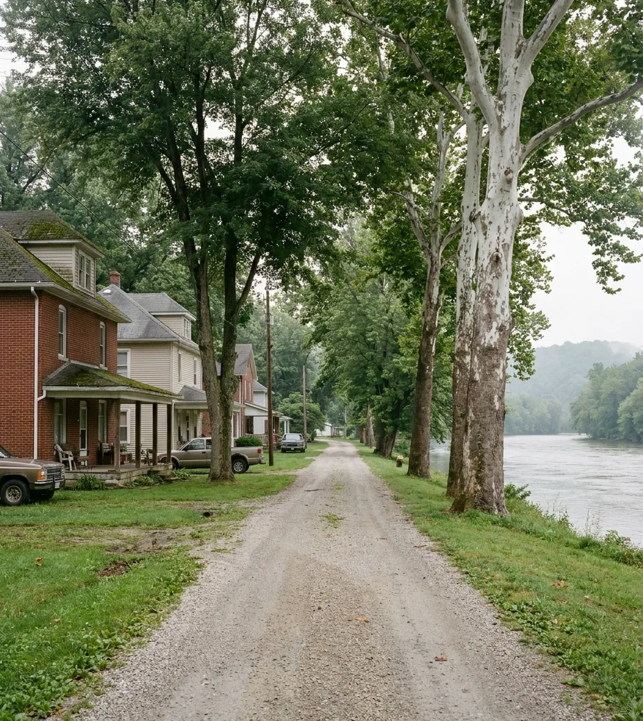 frame houses on a flat river-bottom road lined with sycamores in Derby, Indiana