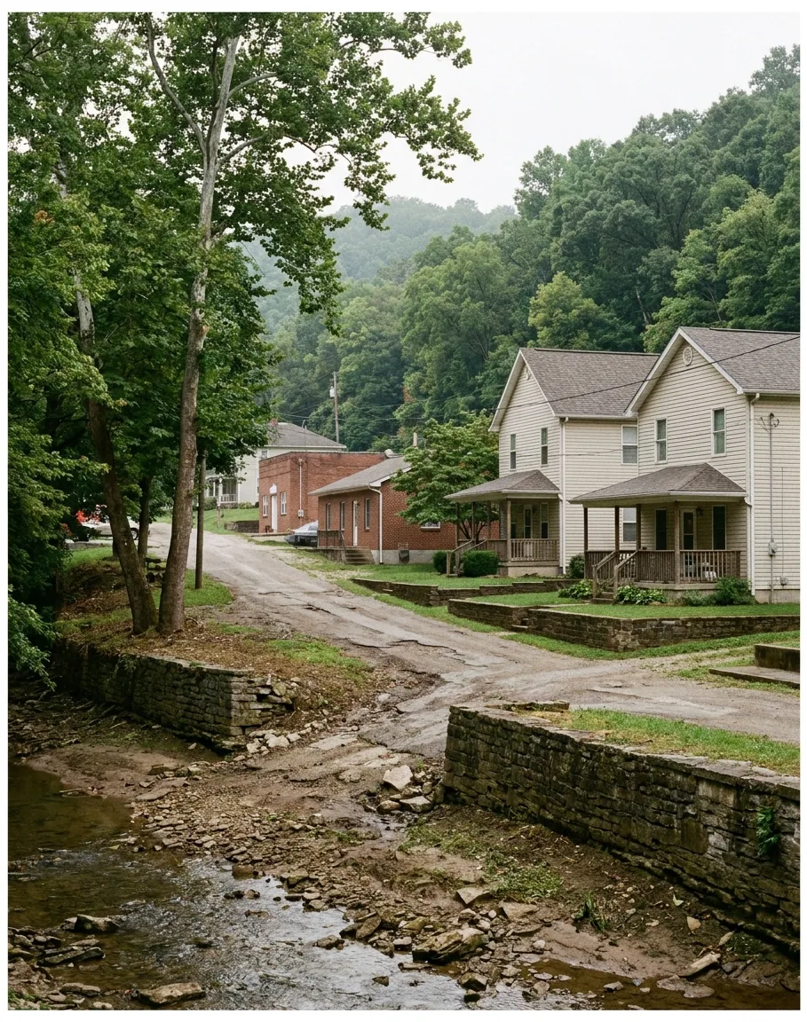 houses cut into a steep wooded hillside above a creek bottom in English, Indiana