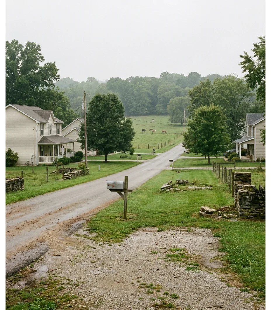 a rural-edge road where houses on wide lots give way to pasture in Georgetown, Indiana