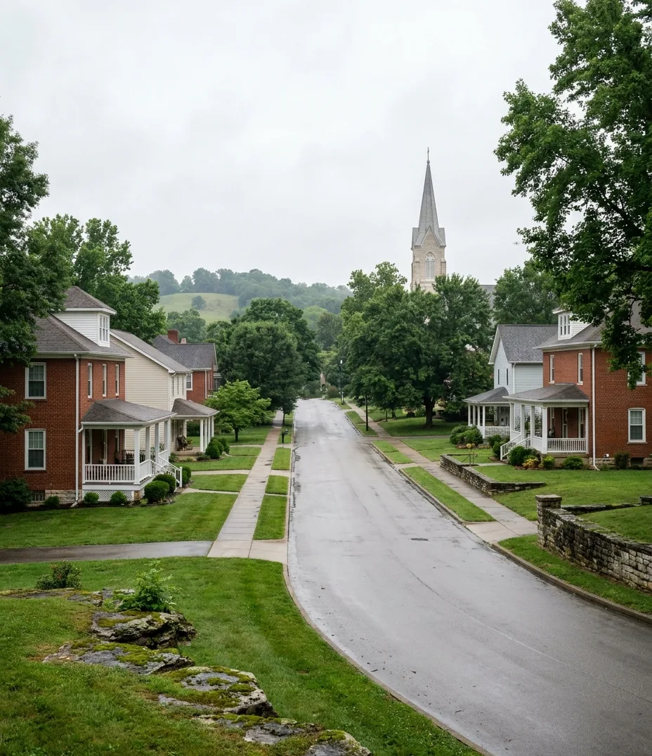 a tidy street of red brick houses with a church spire rising beyond the trees in Jasper, Indiana