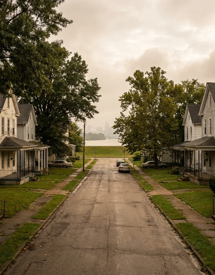 an older riverfront street of two-storey frame houses with porches in Jeffersonville, Indiana