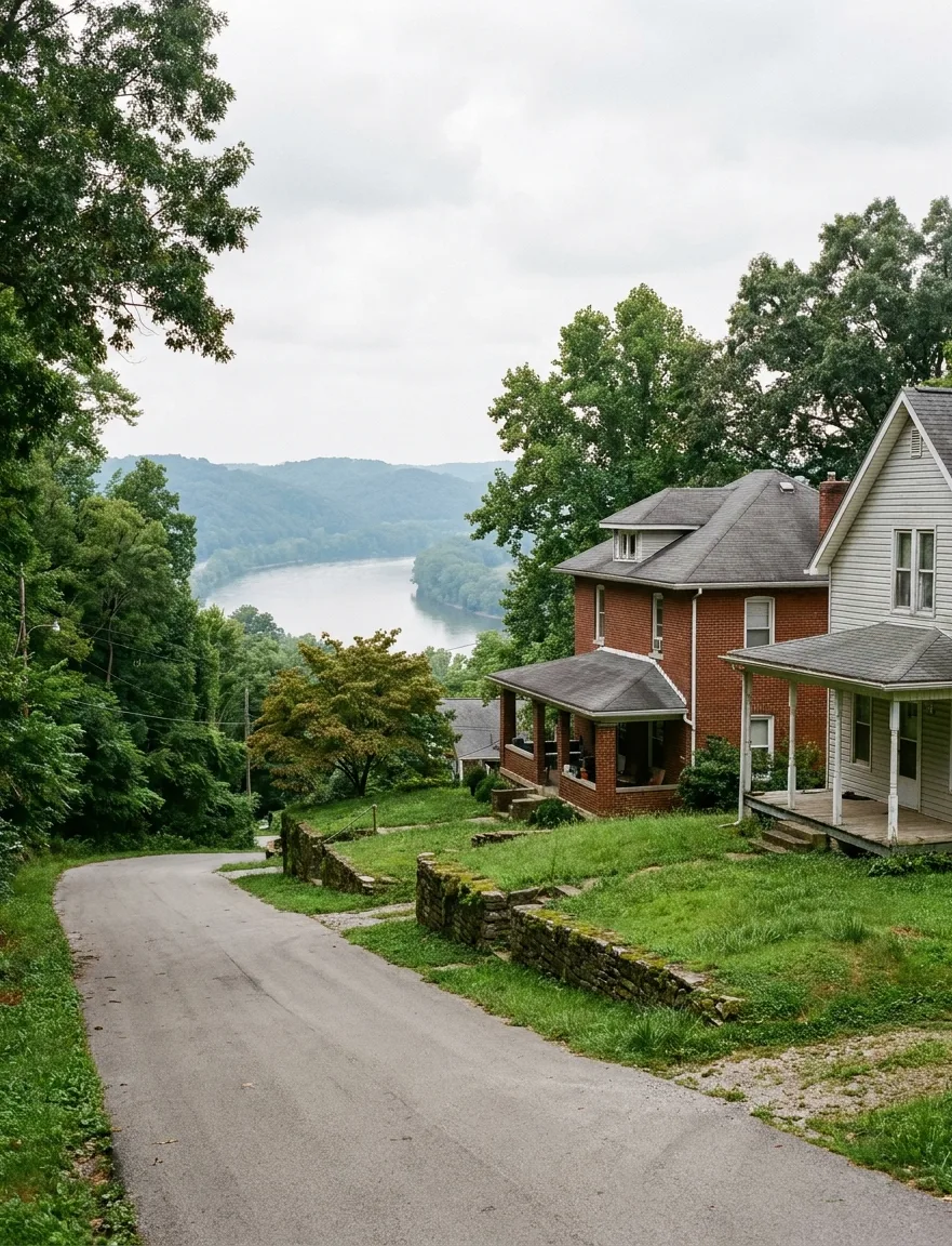 houses on a high limestone bluff above a wide bend of the Ohio River in Leavenworth, Indiana