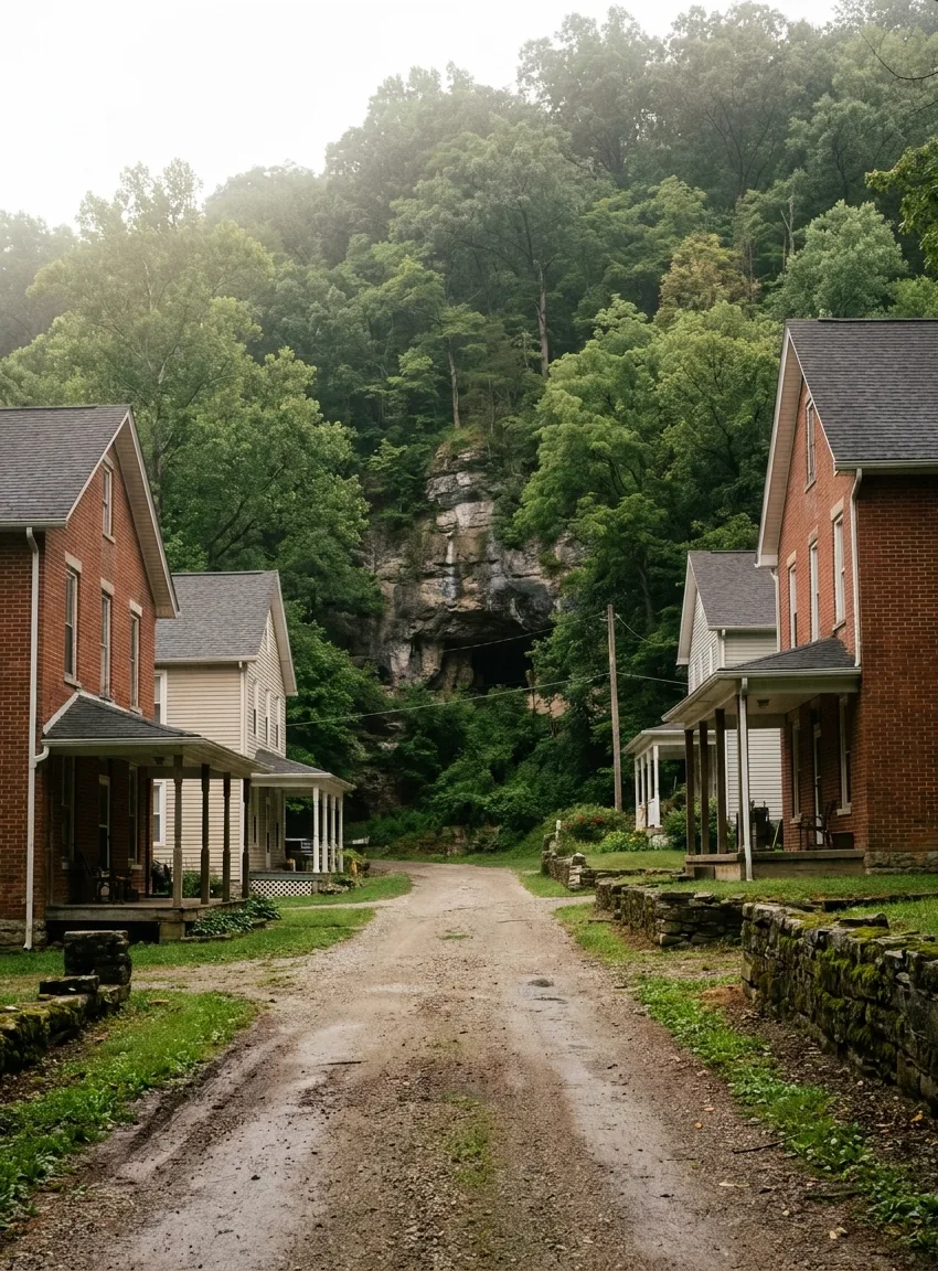 a small crossroads settlement below a limestone rock face and cave mouth in Marengo, Indiana