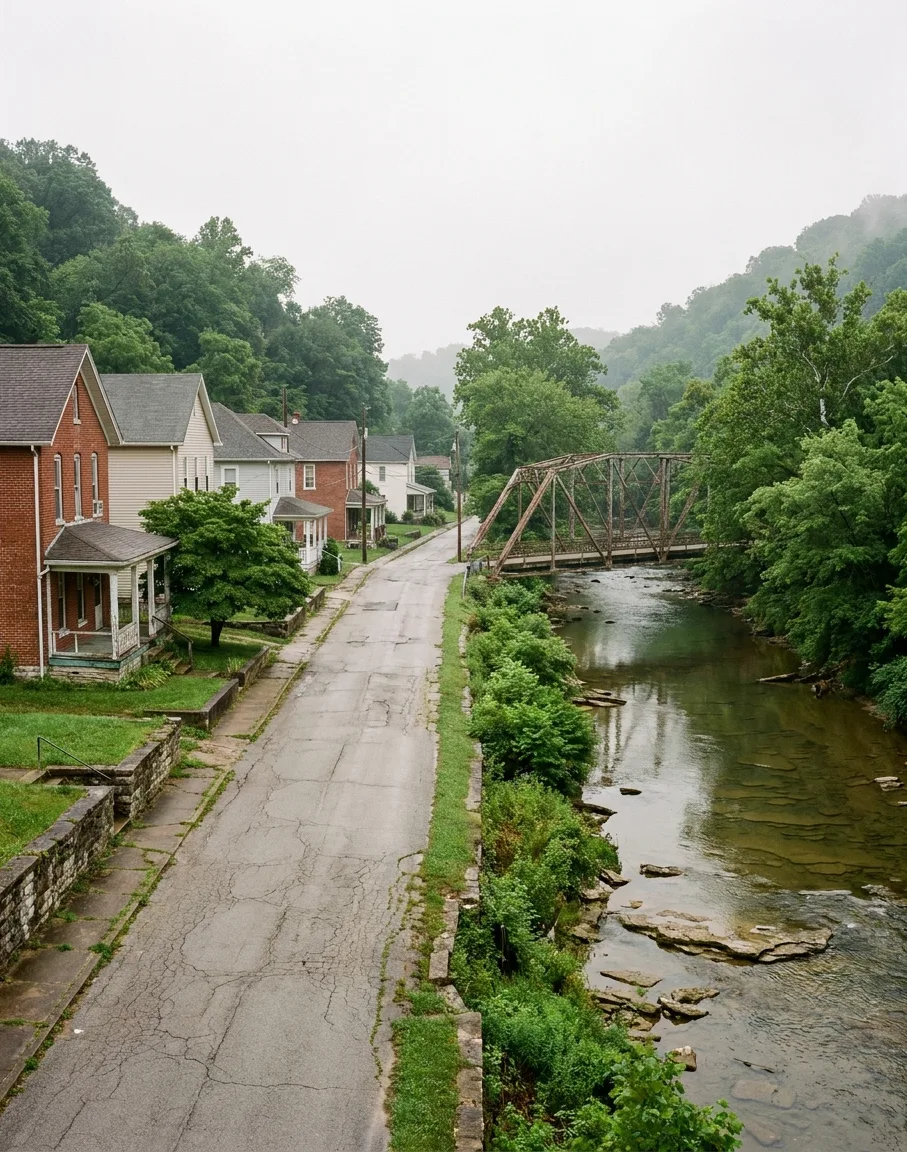 a village street ending at a shallow limestone-bedded river crossed by an iron truss bridge in Milltown, Indiana