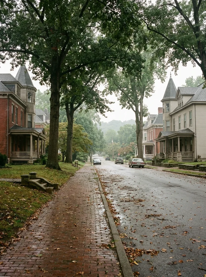 a broad avenue of ornate Victorian houses under arching street trees in New Albany, Indiana