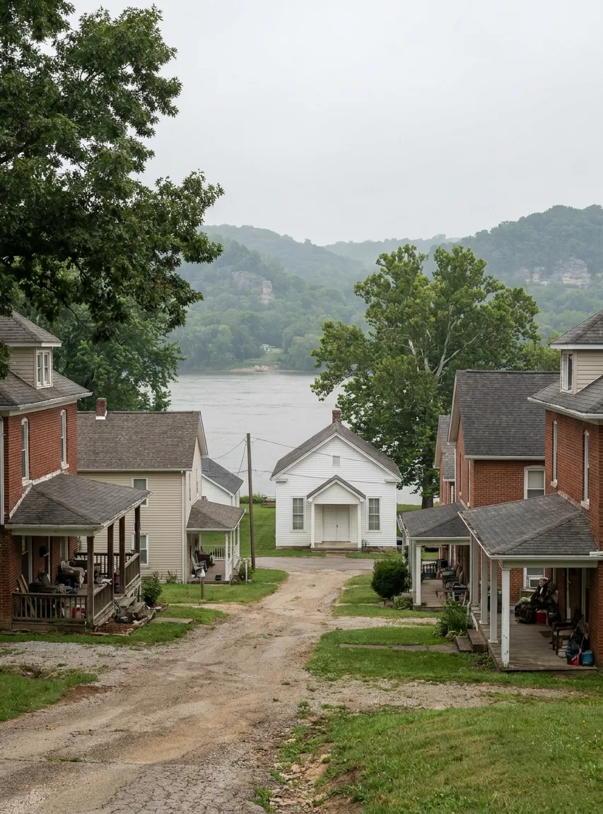 a tiny river hamlet around a white nineteenth-century courthouse building in Rome, Indiana