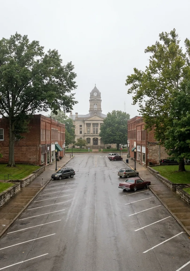 the limestone courthouse and clock tower above brick storefronts on the square in Salem, Indiana