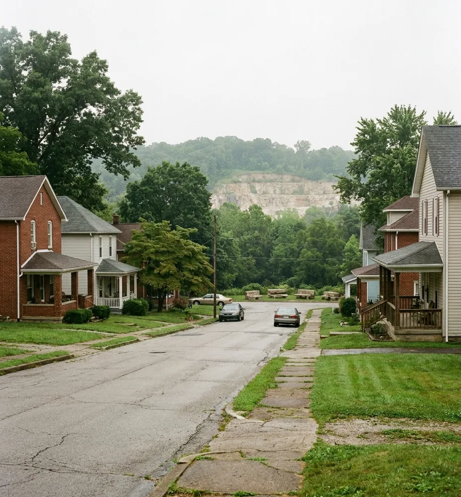 a street of brick and vinyl-sided houses below a cut limestone quarry face in Sellersburg, Indiana