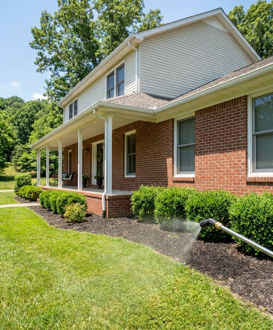 spray wand treating the shrub bed along the brick foundation of a two-storey Southern Indiana home