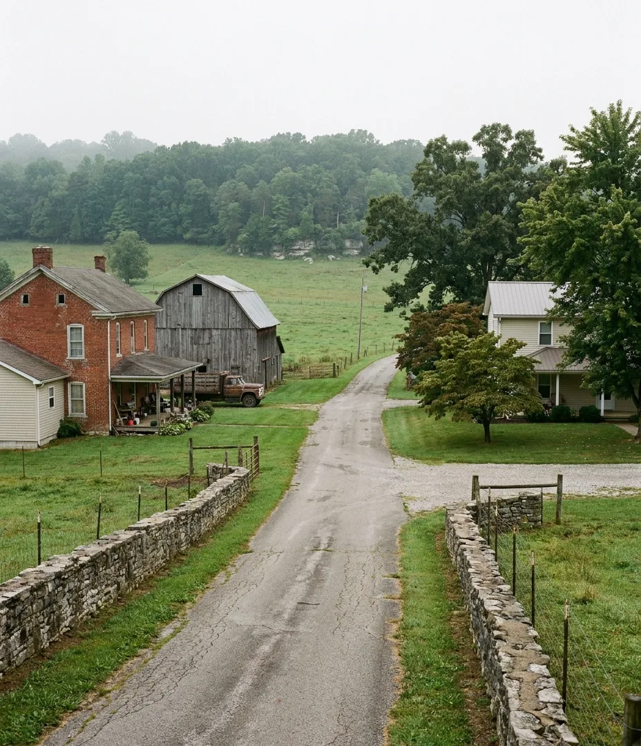 a remote rural road past a weathered barn and pasture backing onto forest in Sulphur, Indiana