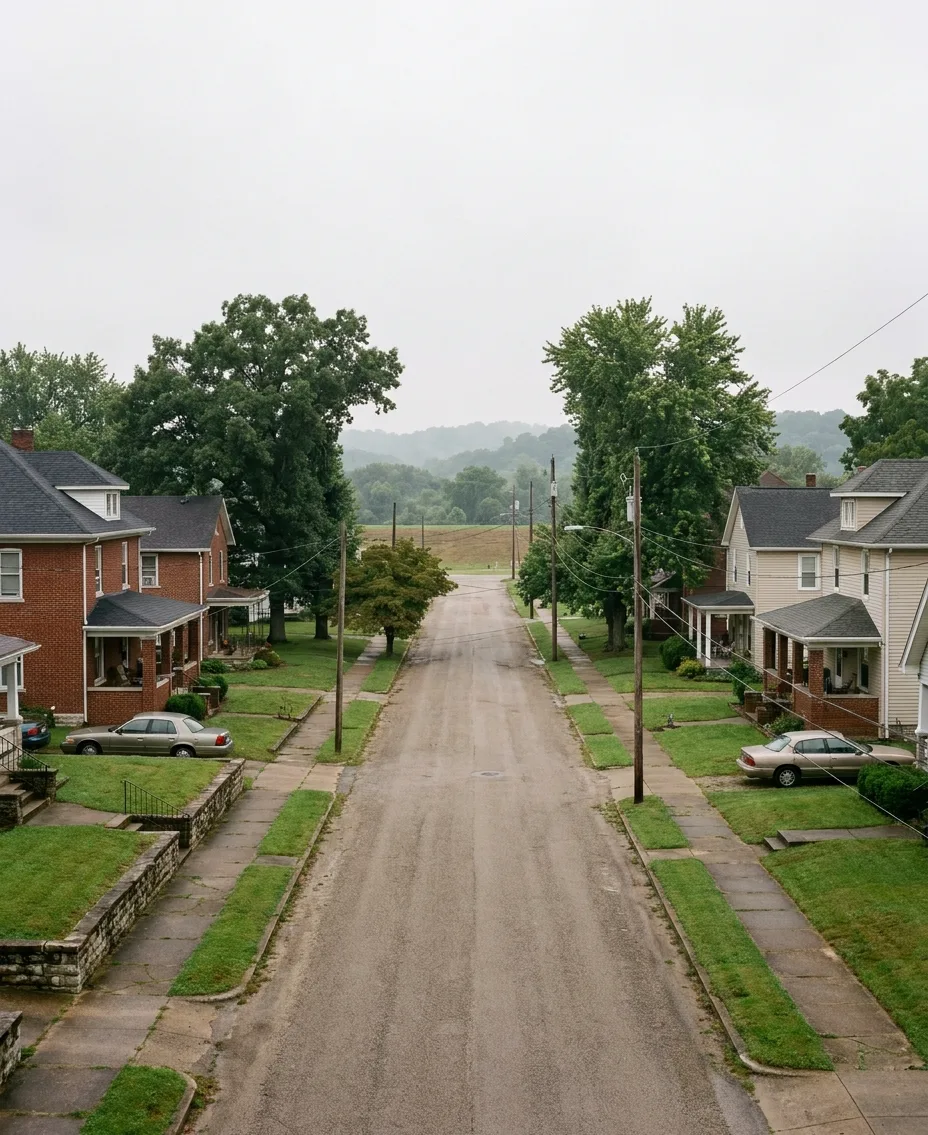a planned grid street of square brick houses running down to the Ohio River levee in Tell City, Indiana