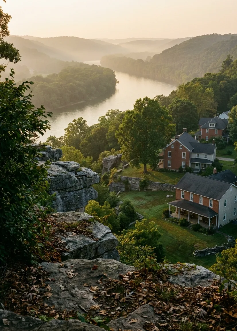 The Ohio River bending between wooded hills below a limestone bluff in Southern Indiana