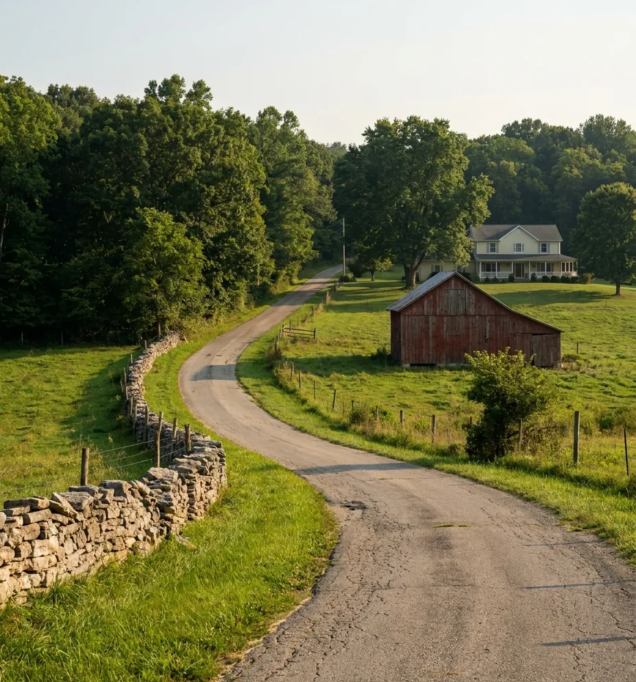 Country road winding past a limestone field wall and a red barn through the wooded rolling hills of Southern Indiana