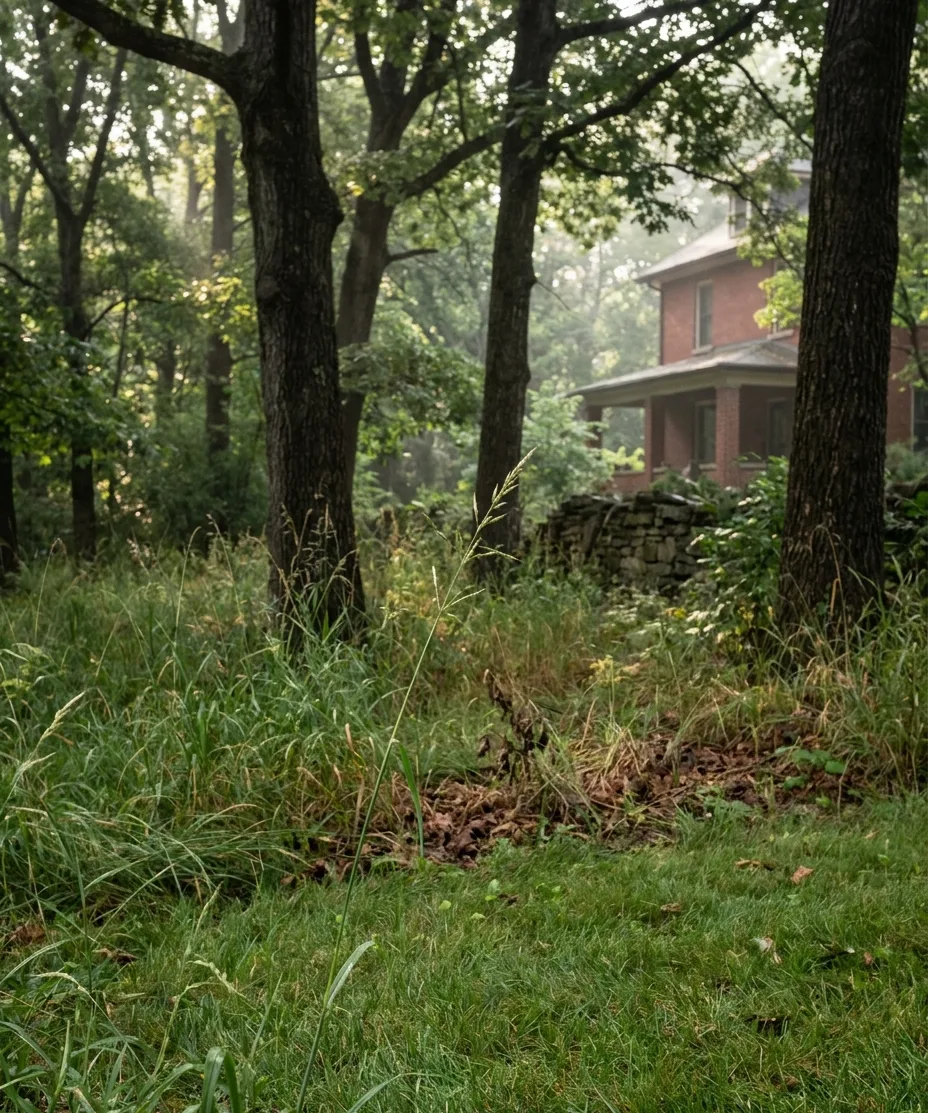 the boundary between a mown lawn and tall grass at a woodland edge where ticks wait